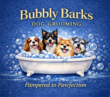 four happy dogs in a bubbly bathtub enjoying dog grooming pampered to pawfection with 5-star service