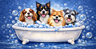 four happy dogs enjoying a bath with bubbles in a tub cheerful dog grooming pet care fun moments